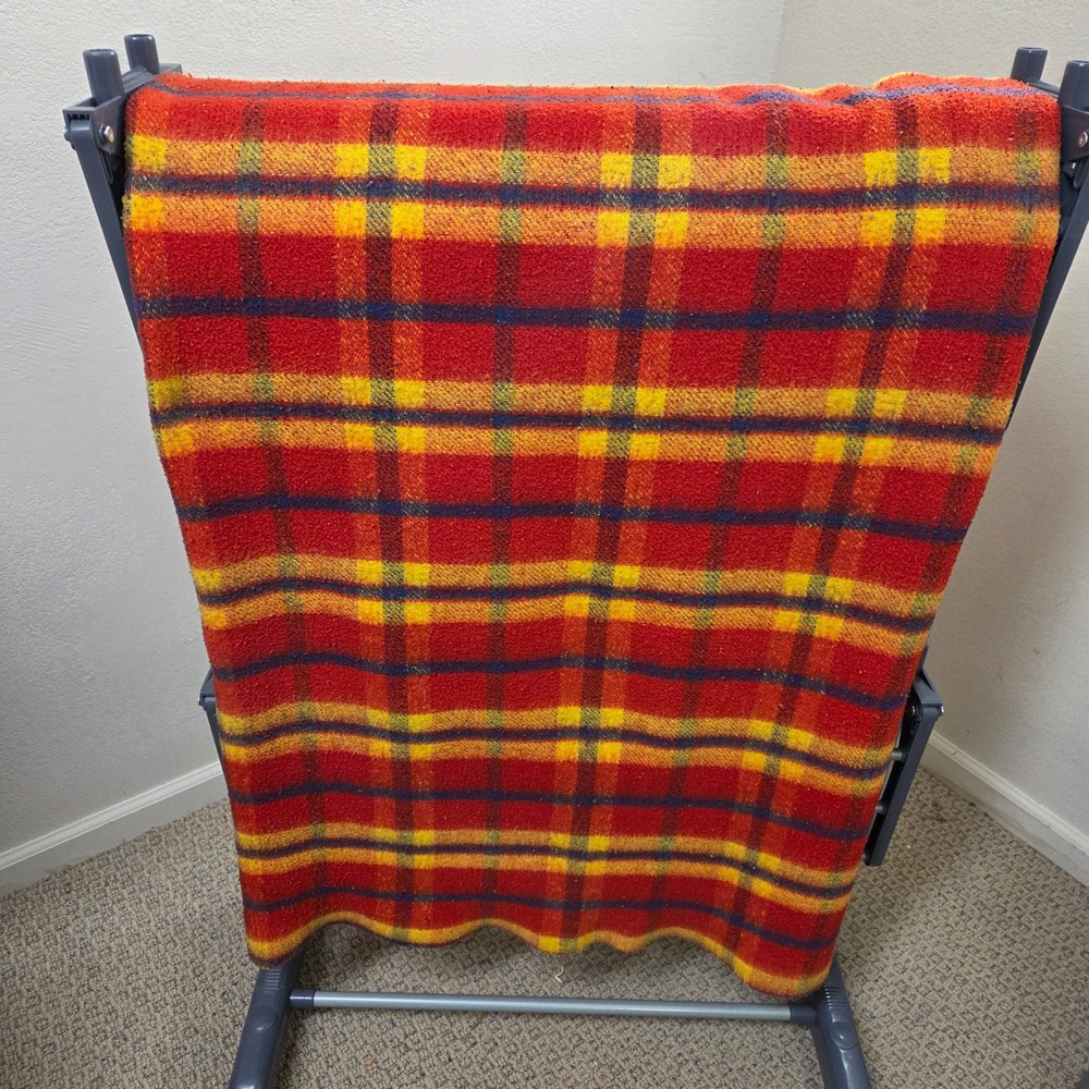 Vintage Plaid Wool Blend Camp Blanket Red Yellow Blue 68x80 Cabin Rustic Throw